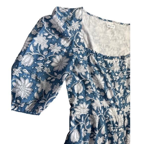 Beau & Ro Blue Folk Floral Button Front Floral Midi Dress Pockets Size Medium‎ - Picture 5 of 10